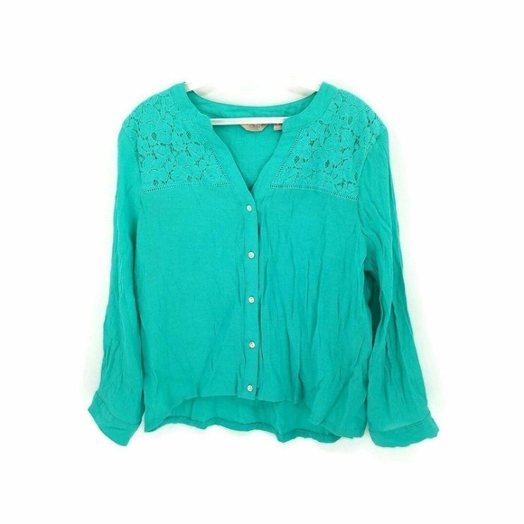 Coral Bay Womens Button Front Blouse Green Long Sleeve Notch Neck Lace M - Picture 1 of 6